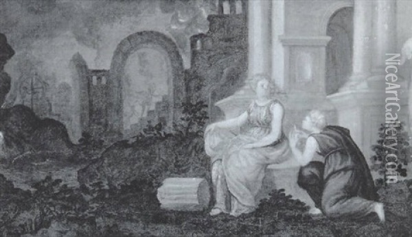 Mythologische Szene Mit Zwei Frauen, Im Hintergrund Das Lodernde Feuer Der Holle Oil Painting - Friedrich Sustris