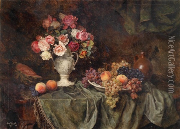 Groses Stillleben Mit Blumen Und Obst Oil Painting - Anton Wrabetz
