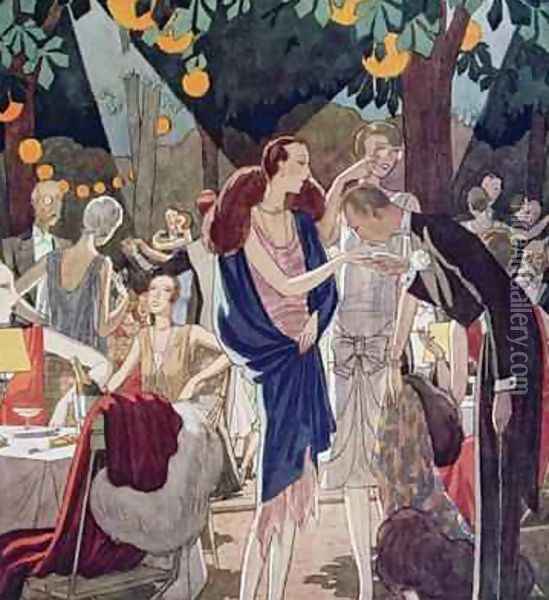 Evening in a Restaurant in the Bois de Boulogne illustration from LIllustration July 1926 Oil Painting - Pierre Mourgue