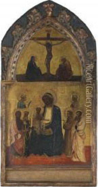 The Madonna And Child Surrounded By Saints John The Baptist, Catherine Of Alexandria, Francis Of Assisi And Bartholomew And Other Saints, With The Crucifixion Oil Painting - Mariotto Di Nardo