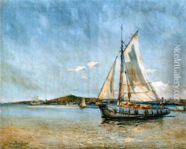 Velero En El Puerto De Montevideo Oil Painting - Roberto Castellanos