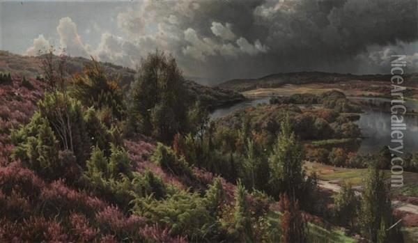 The Heather Hills By The Lakes Near Silkeborg Oil Painting - Peder Mork Monsted
