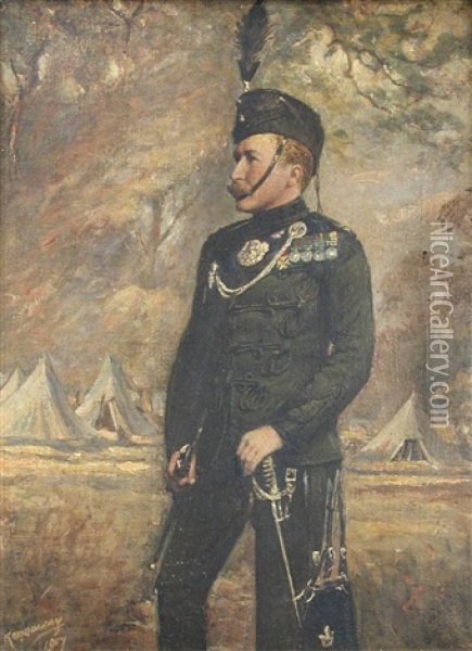 An Officer Of The 60th Rifles, A Bivouac Beyond Oil Painting - C.G. Kennaway