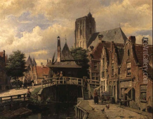 A Dutch Town With Figures By A Canal Oil Painting - Willem Koekkoek