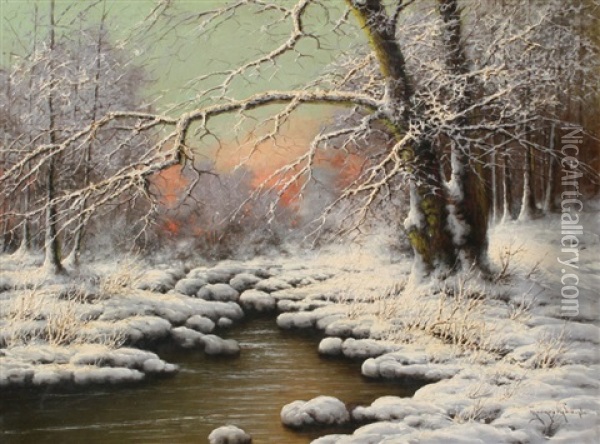 Peaceful Snow-covered Landscape With Stream Oil Painting - Antal (Laszlo) Neogrady