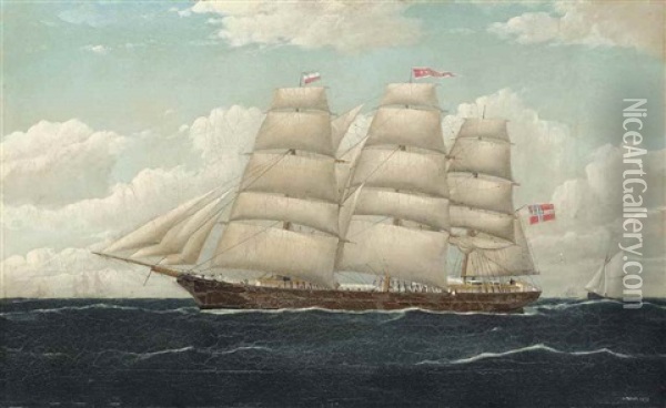 The Norwegian Three-masted Barque De Mezger In Coastal Waters Oil Painting - Frederick Tudgay