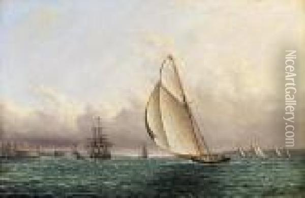Racing In New York Harbor Off Castle William And Govenor's Island Oil Painting - James E. Buttersworth