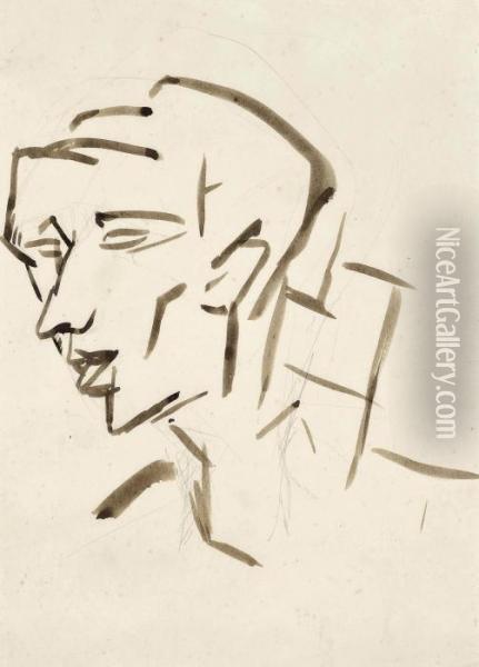 Cubist Head Oil Painting - Otto Gutfreund
