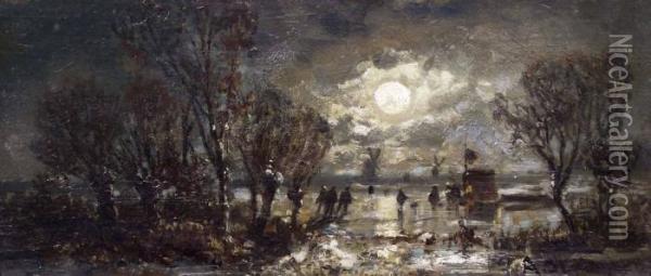 Eisvergnugen In Mondscheinlandschaft Mit Windmuhle Oil Painting - Adolf Stademann