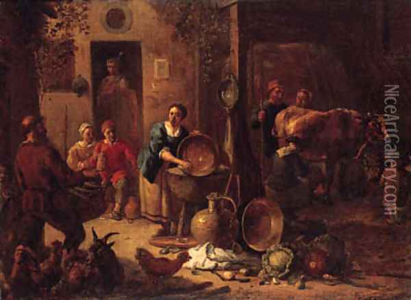 A peasant family in a farmyard with pots and pans, cabbages and poultry, a milkmaid in a stable beyond Oil Painting - Gerard Thomas