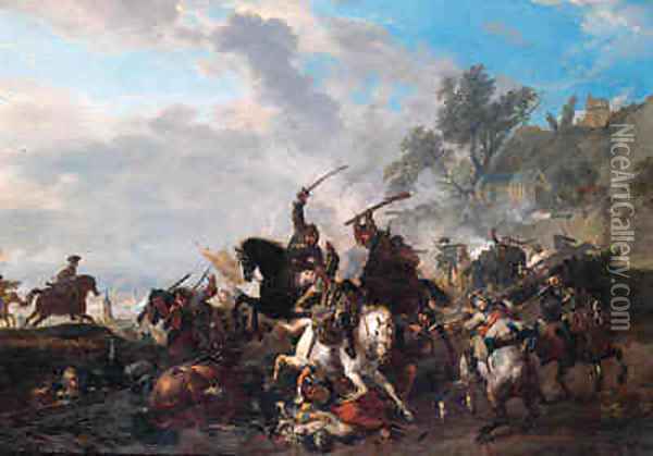 A cavalry skirmish, a river beyond Oil Painting - Jan von Huchtenburgh