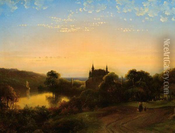 Landscape With A Castle By The Water At Sunset Oil Painting - James De Rijk