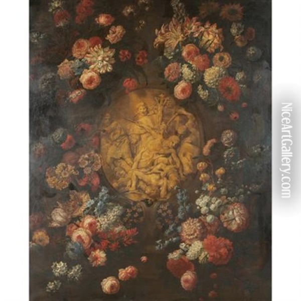 Still Life Of Flowers Surrounding A Carved Relief Oil Painting - Mario Nuzzi