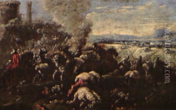 Combats De Cavalerie (pair) Oil Painting - Ercole Graziani the Younger