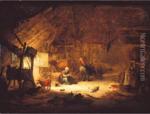The Interior Of A Barn With Figures And Animals Oil Painting - Isaack Jansz. van Ostade