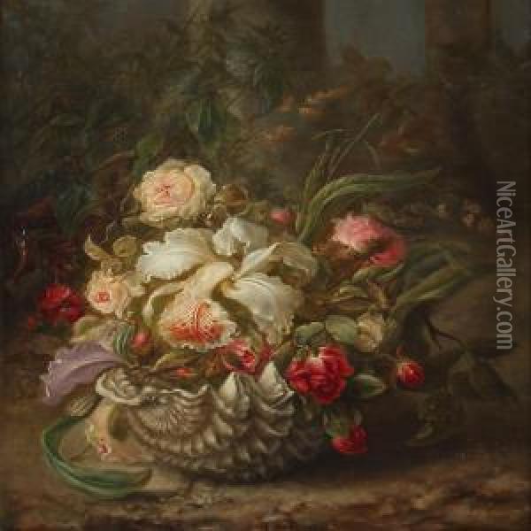 Roses And Iris In A Shell Oil Painting - Henriette Wiedebusch