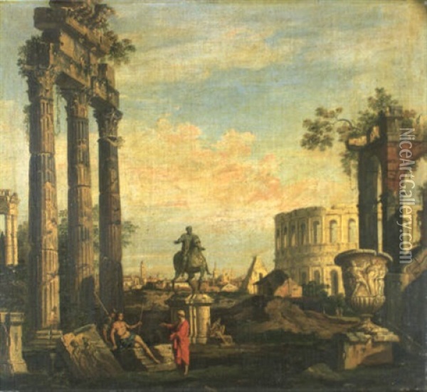 Capriccio Of Roman Ruins With The Temple Of Dioscuri And Soldiers Oil Painting - Giovanni Paolo Panini