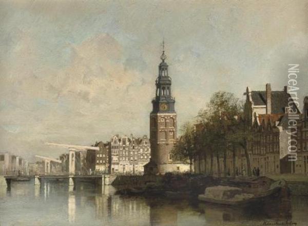 The Oude Schans With The Montelbaanstoren, Amsterdam Oil Painting - Johannes Christiaan Karel Klinkenberg