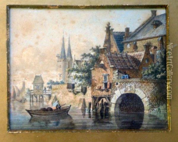 Fishing Boat On A Canal Oil Painting - Johannes Huibert Prins