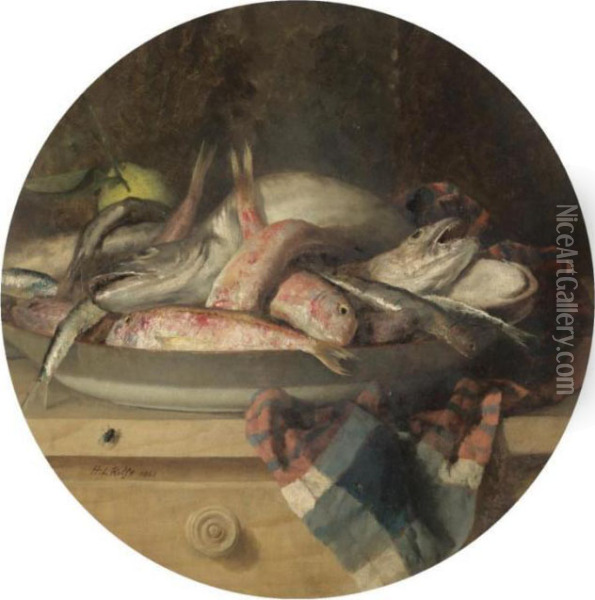 Bouillabaisse, Still Life Of Red Mullet, Cod And Sardines Oil Painting - Henry Leonidas Rolfe