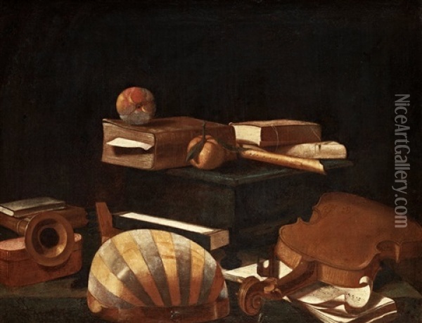 Still Life With Musical Instruments Oil Painting - Evaristo Baschenis