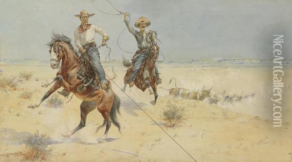 Two Cowboys With Ropes Oil Painting - Herman Wendleborg Hansen
