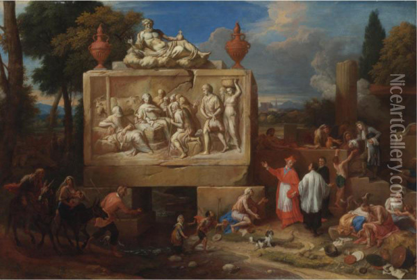 Saint Charles Borromeo Performing Charitable Acts In A Landscape With Ruins Oil Painting - Henry Ferguson