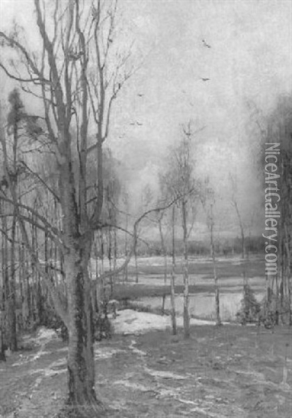Junger Birkenwald Bei Schneeschmelze Oil Painting - Yuliy Yulevich (Julius) Klever