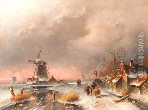 An evening winter landscape with windmills Oil Painting - Charles Henri Leickert