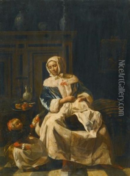 A Mother And Child In An Interior Oil Painting - Jan Van Pee