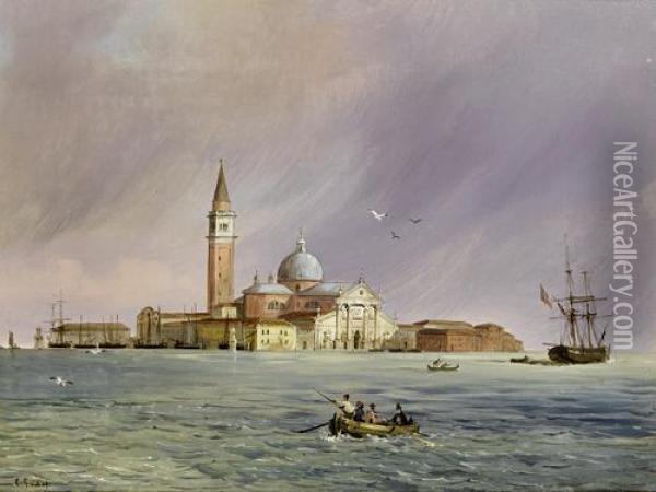 Fishing On The Lido With The Campanile In The Background Oil Painting - Carlo Grubacs