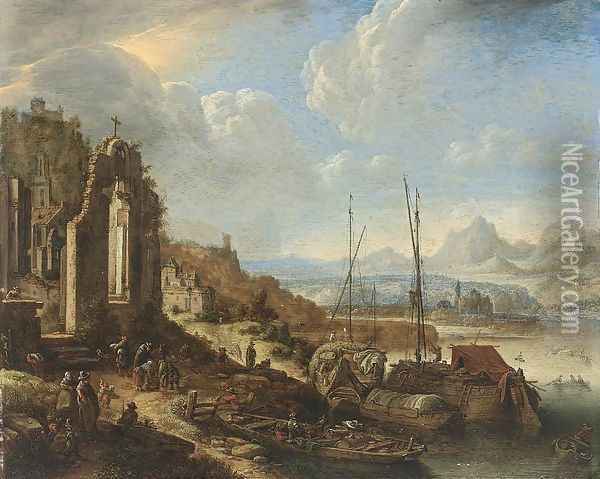 Rhenish River Landscape Capriccio 1676 Oil Painting - Herman Saftleven
