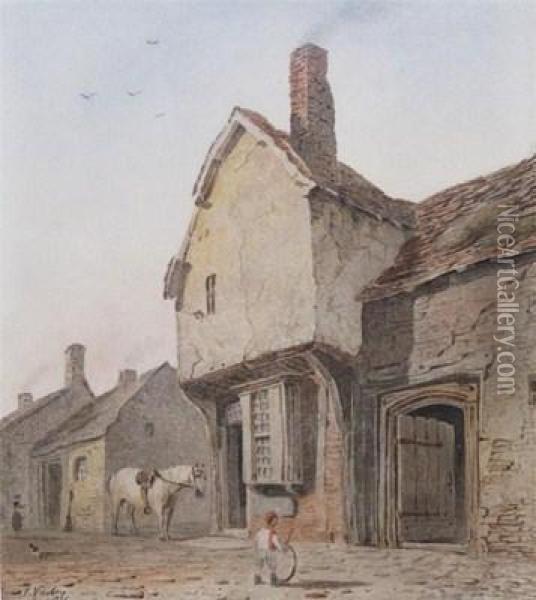 Figure And A Horse Outside An Old House Oil Painting - John Varley