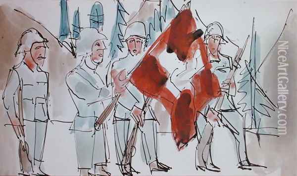 Swiss Soldiers with Flag Oil Painting - Ernst Ludwig Kirchner