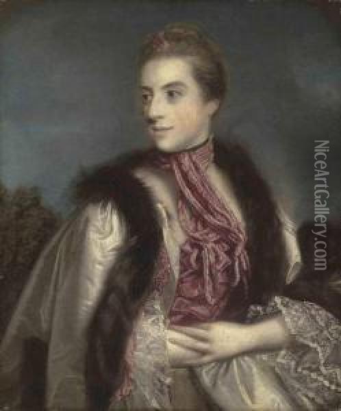 Portrait Of Elizabeth Drax, 
Countess Of Berkeley ,half-length, In A Fur-lined Gown And A Pink Scarf,
 A Flower In Herhair, A Landscape Beyond Oil Painting - Sir Joshua Reynolds