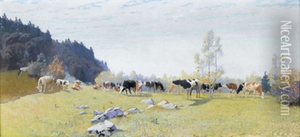 Sonnige Viehweide Im Jura Oil Painting - Robert Kiener