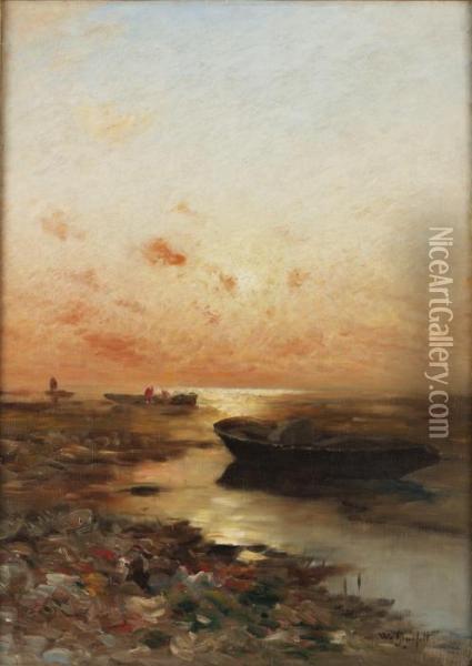 Kustlandskap Med Batar I Solnedgang Oil Painting - Wilhelm von Gegerfelt