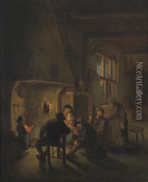 A Tavern Interior With Figures Gathered Around A Fire Oil Painting - Bartholomeus Molenaer