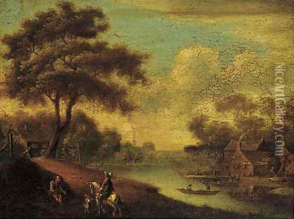 A traveller on horseback by a ferry crossing, a peddlar asking for money Oil Painting - Anglo-Dutch School