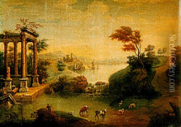 Capriccio Landscape With A City And Ruins Beside A Lake Oil Painting - Willem van Diest