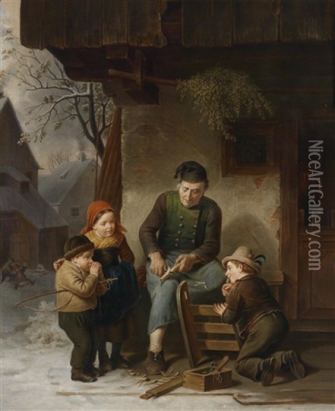 Der Schlittenschnitzer (painted By W. Geisler) Oil Painting - Hanno Rhomberg