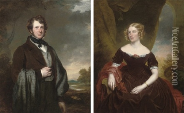 Portrait Of Sir Digby Cayley, 7th Bt. In A Brown Coat, A Landscape Beyond (+ Portrait Of Lady Cayley In A Maroon Dress, A Landscape Beyond; Pair) Oil Painting - Benjamin Rawlinson Faulkner
