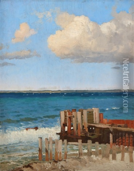 Coastal Scene With A Bathing Jetty Oil Painting - Frants Peter Didrik Henningsen