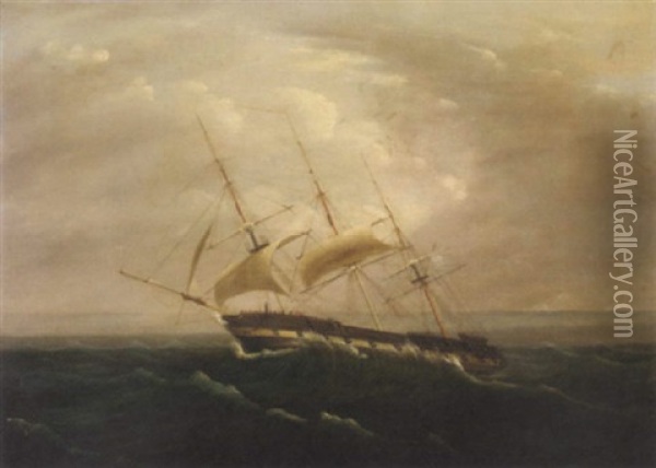 An Armed Merchantman Reefed Down In Heavy Weather Oil Painting - William John Huggins