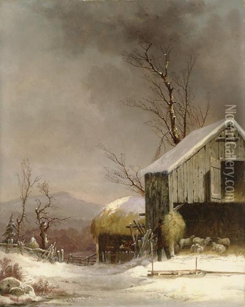 Winter Farm Scene, Connecticut Oil Painting - George Henry Durrie
