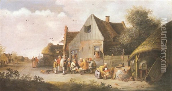 Vue D'une Rue De Village Avec Un Joueur De Vielle Devant L'auberge Oil Painting - Pieter de Bloot