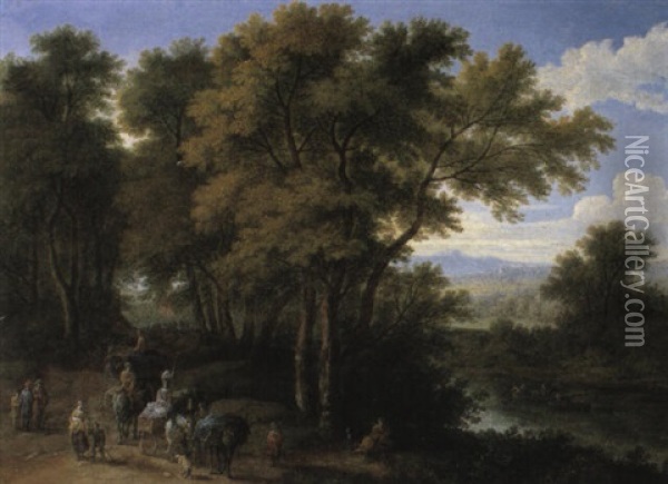 Wooded River Landscape With Travellers And Pack-horses On A Path Oil Painting - Mathys Schoevaerdts