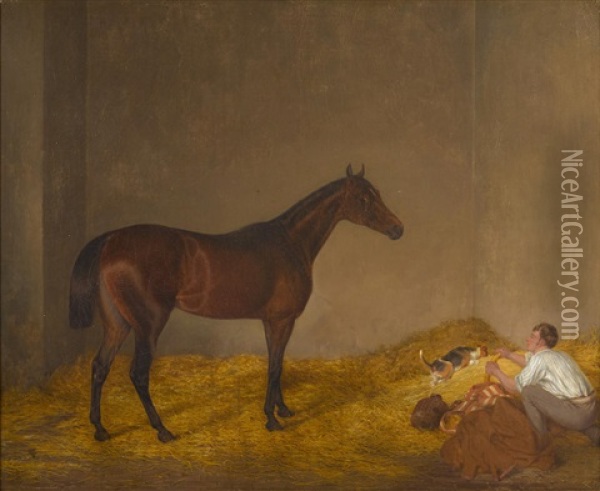 A Study Of The Horse Derviche In His Stable With A Figure And A Dog In The Foreground Oil Painting - Richard Barrett Davis