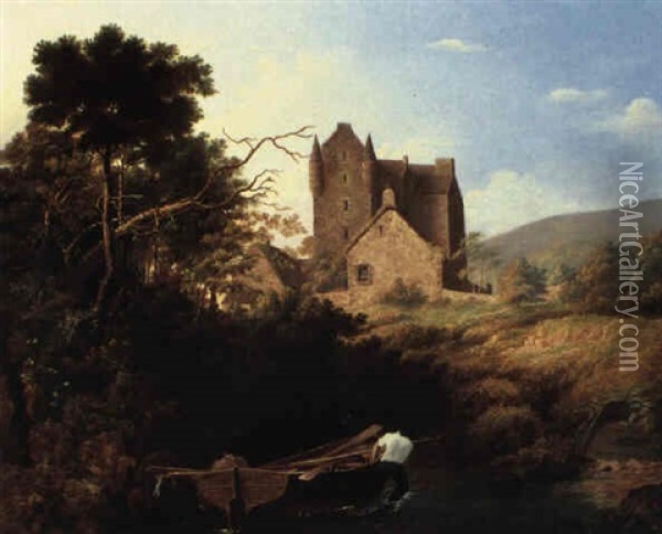 Scottish Baronial Castle On A Loch Oil Painting - John Linnell