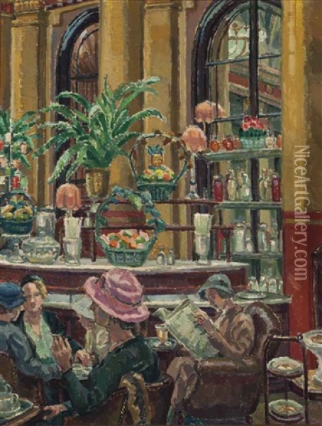 The Cafe Oil Painting - Harold Harvey